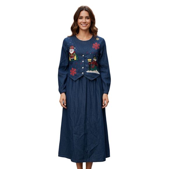 Mosaic Size 10 Twofer Denim Long Dress Embroidered Snowman Print Winter Teacher - Picture 1 of 11